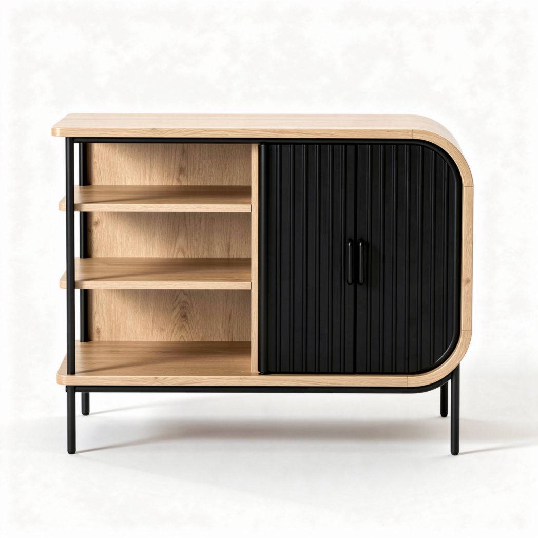 Houten dressoir met zwarte deur en open planken 120 x 40 x 75cm