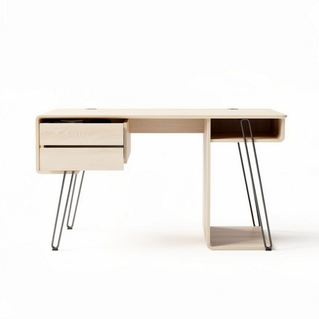 Houten bureau met metalen poten en lade 120 x 60 x 75cm beige