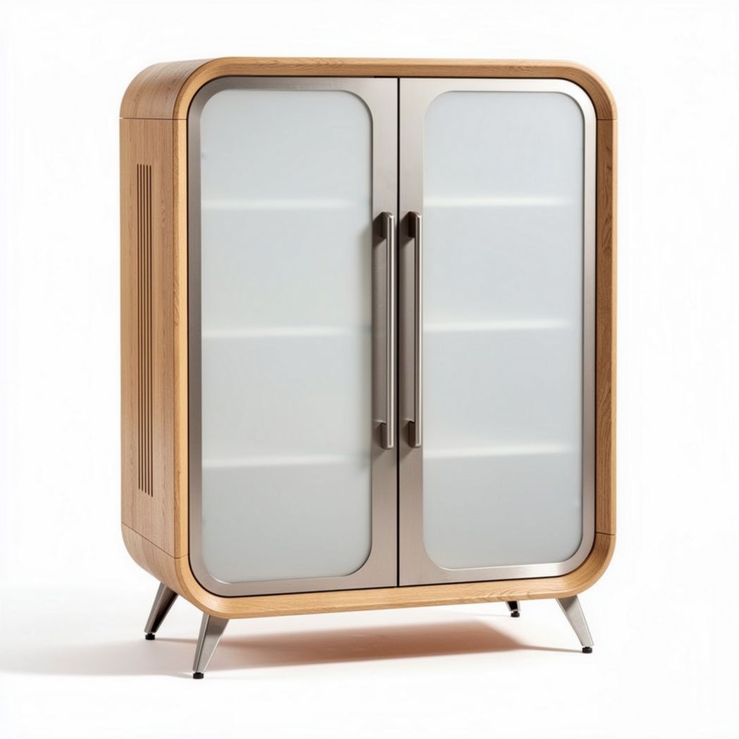 Houten kast met glazen deuren en metalen handgrepen 80 x 40 x 100cm