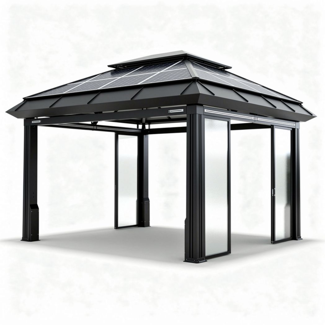 Zwarte aluminium tuinpaviljoen met dubbelglas en zonnepanelen 300 x 300 x 250cm