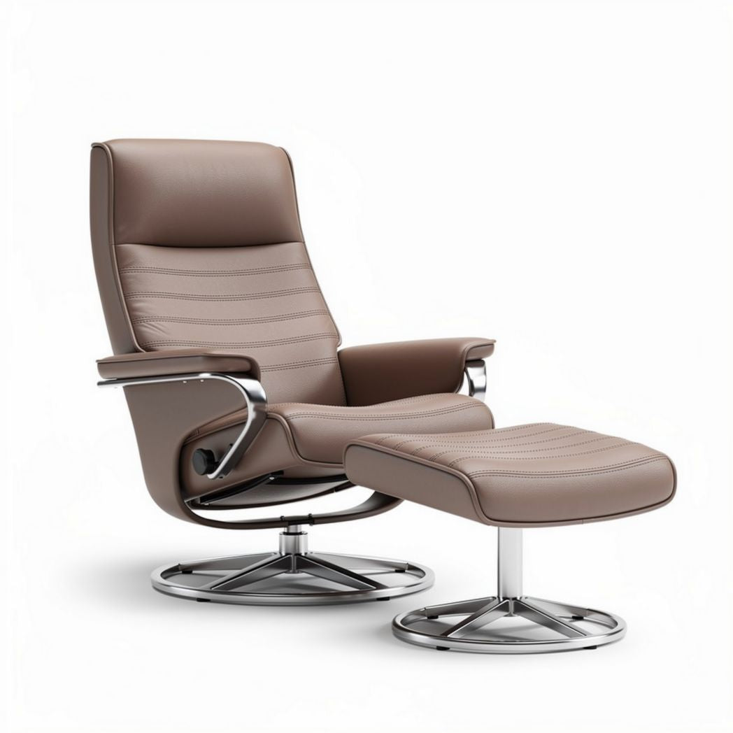 Leren fauteuil met ottoman in bruin en chroom 80 x 80 x 100cm