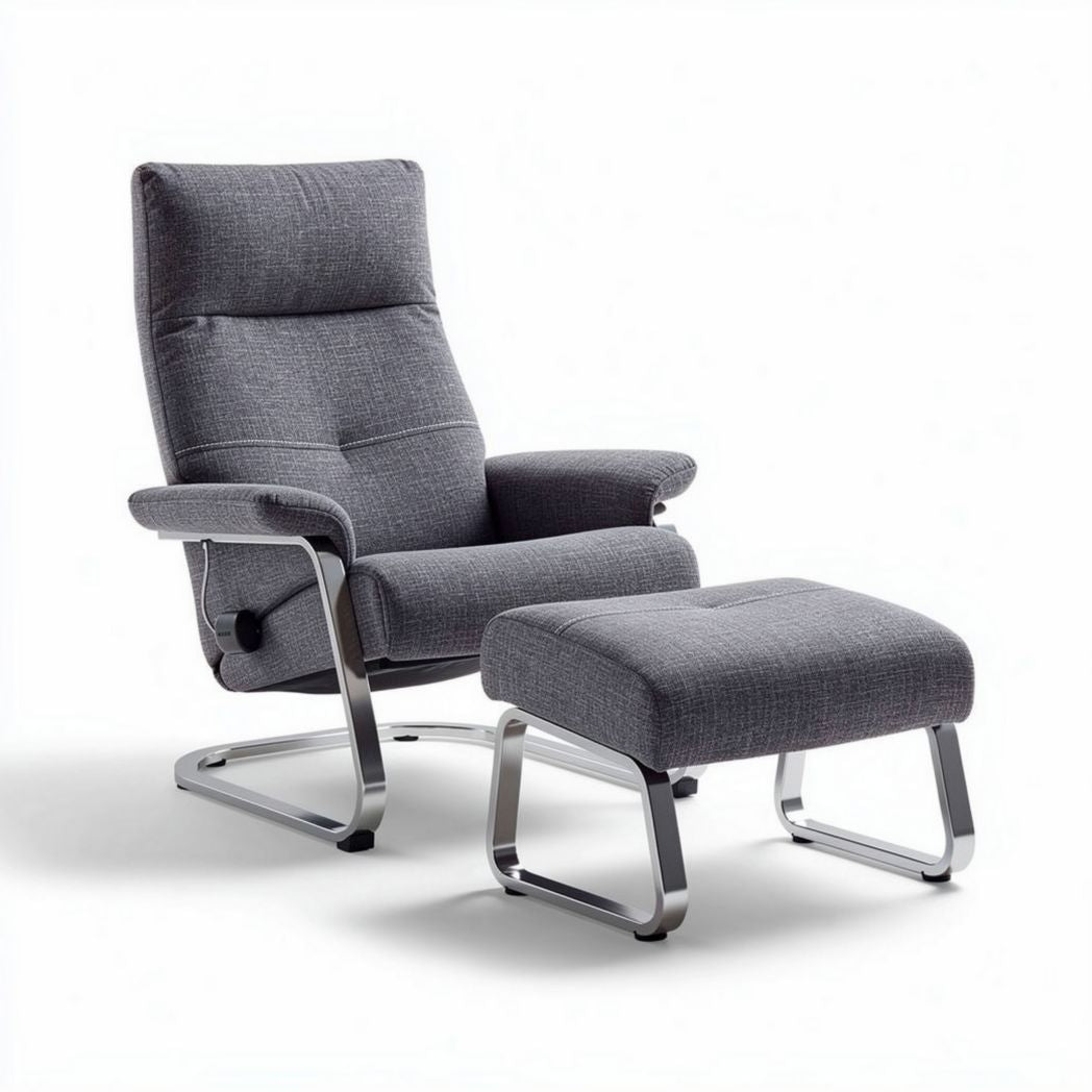 Relaxfauteuil met voetenbank van stof en metaal in antraciet 80 x 70 x 100cm